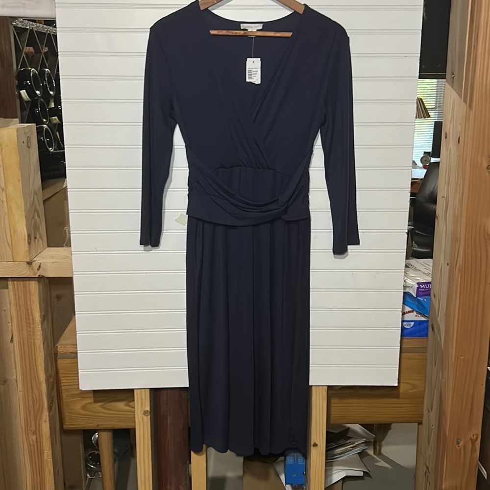 Navy 100% wool Garnet Hill faux wrap dress, size S